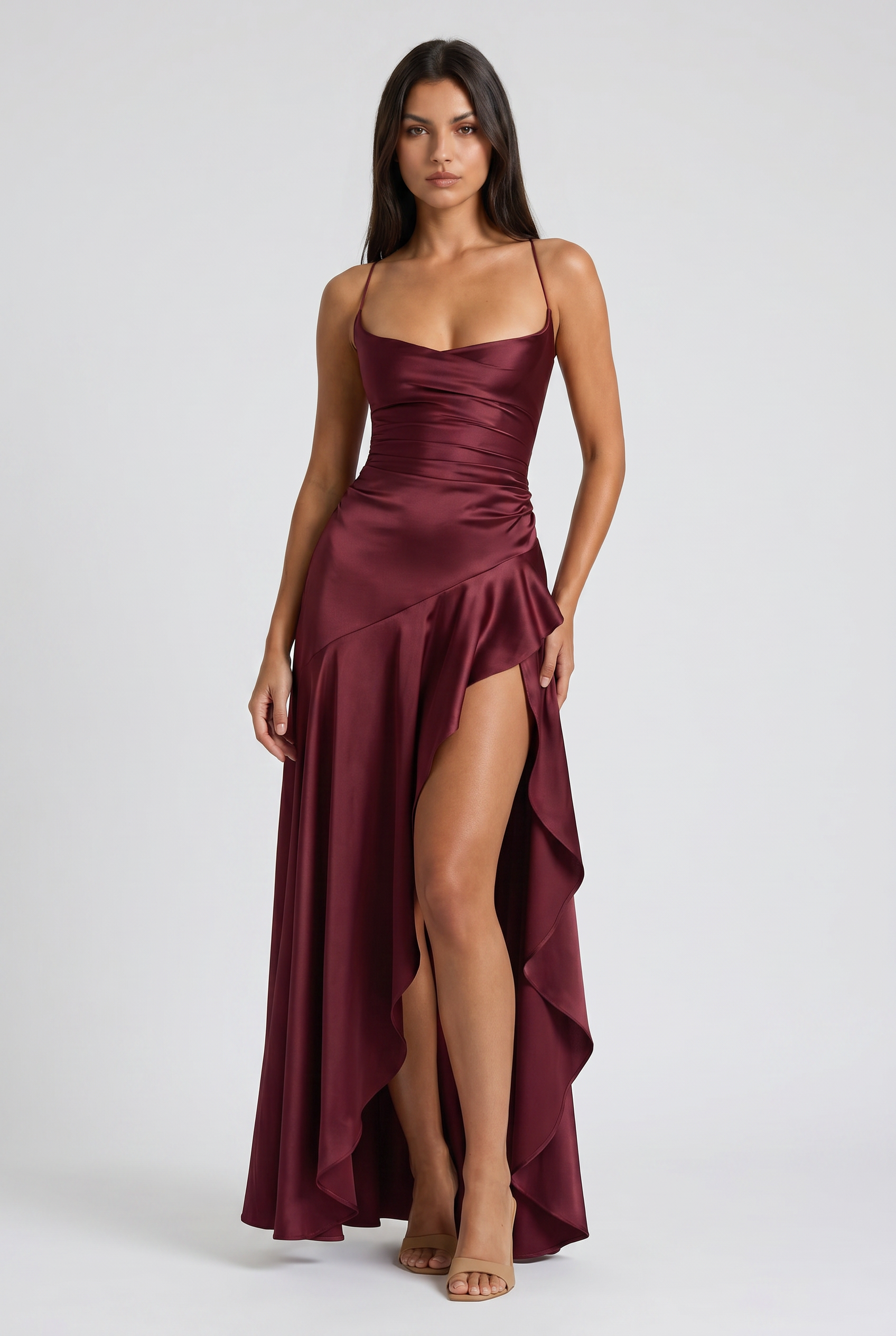 Abito maxi Samira satin bordeaux Bella di Roma – vista frontale