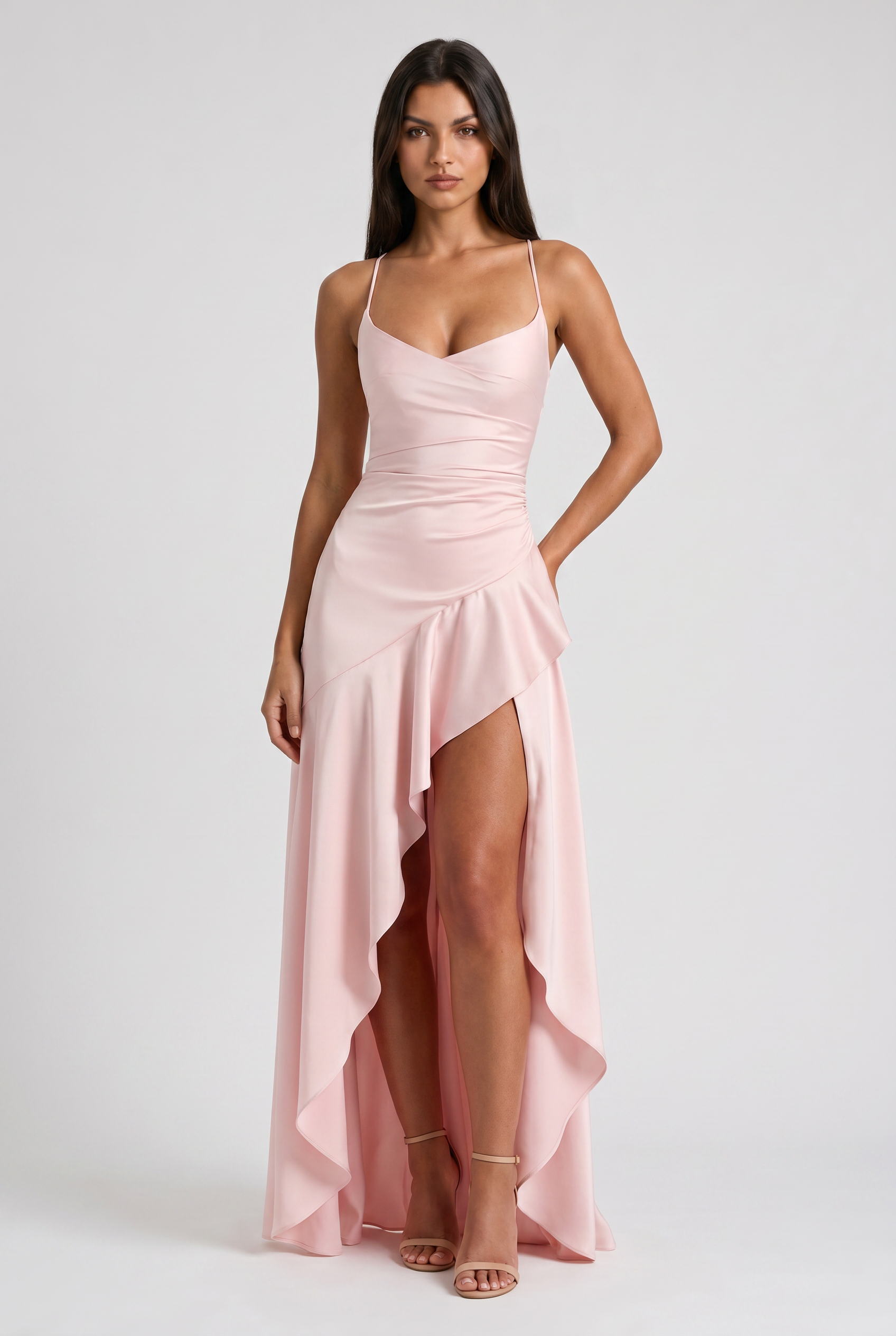 Abito maxi Samira satin bordeaux Bella di Roma – décolleté modellato