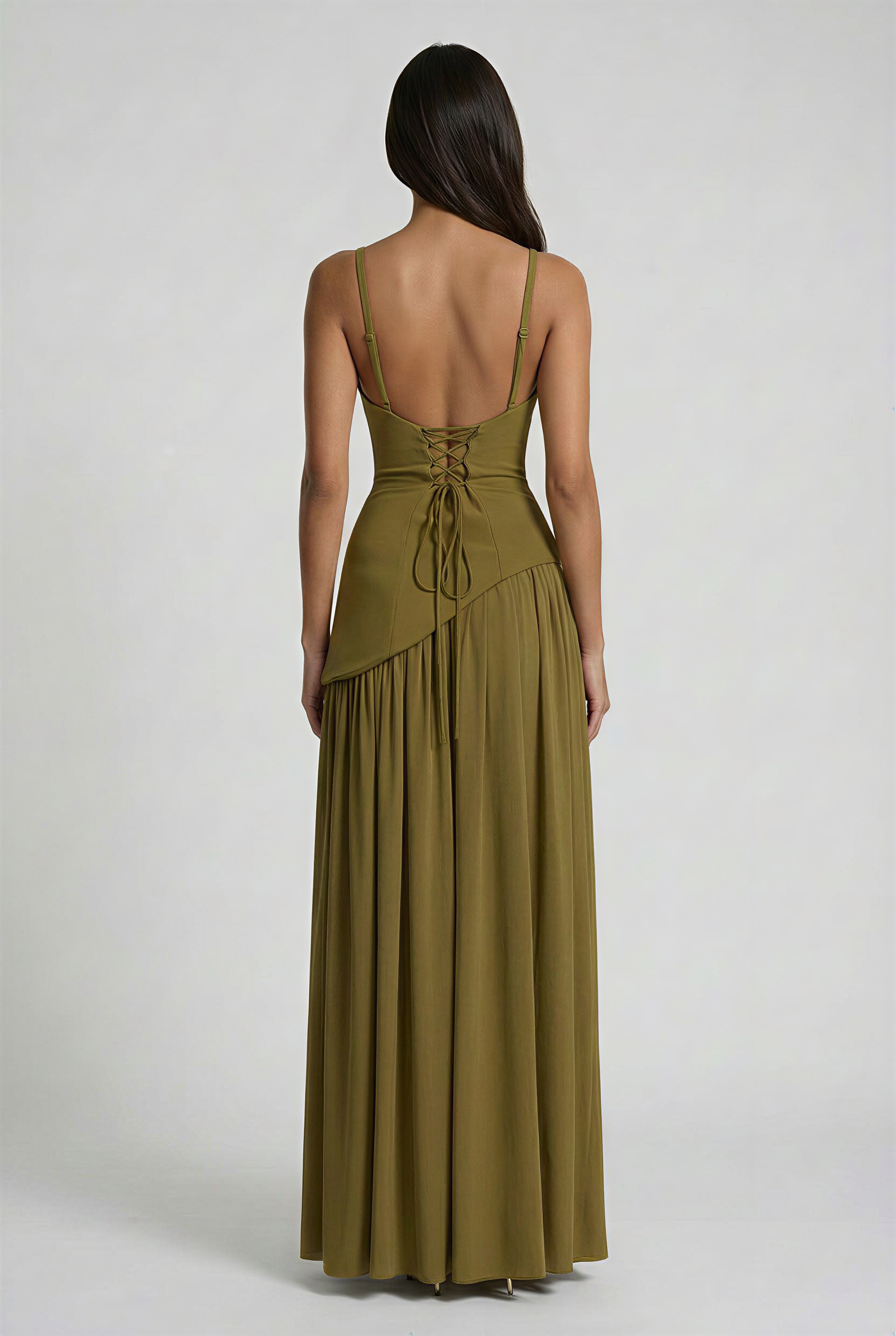 Abito maxi Tullulah verde oliva Bella di Roma – spacco coscia chiffon