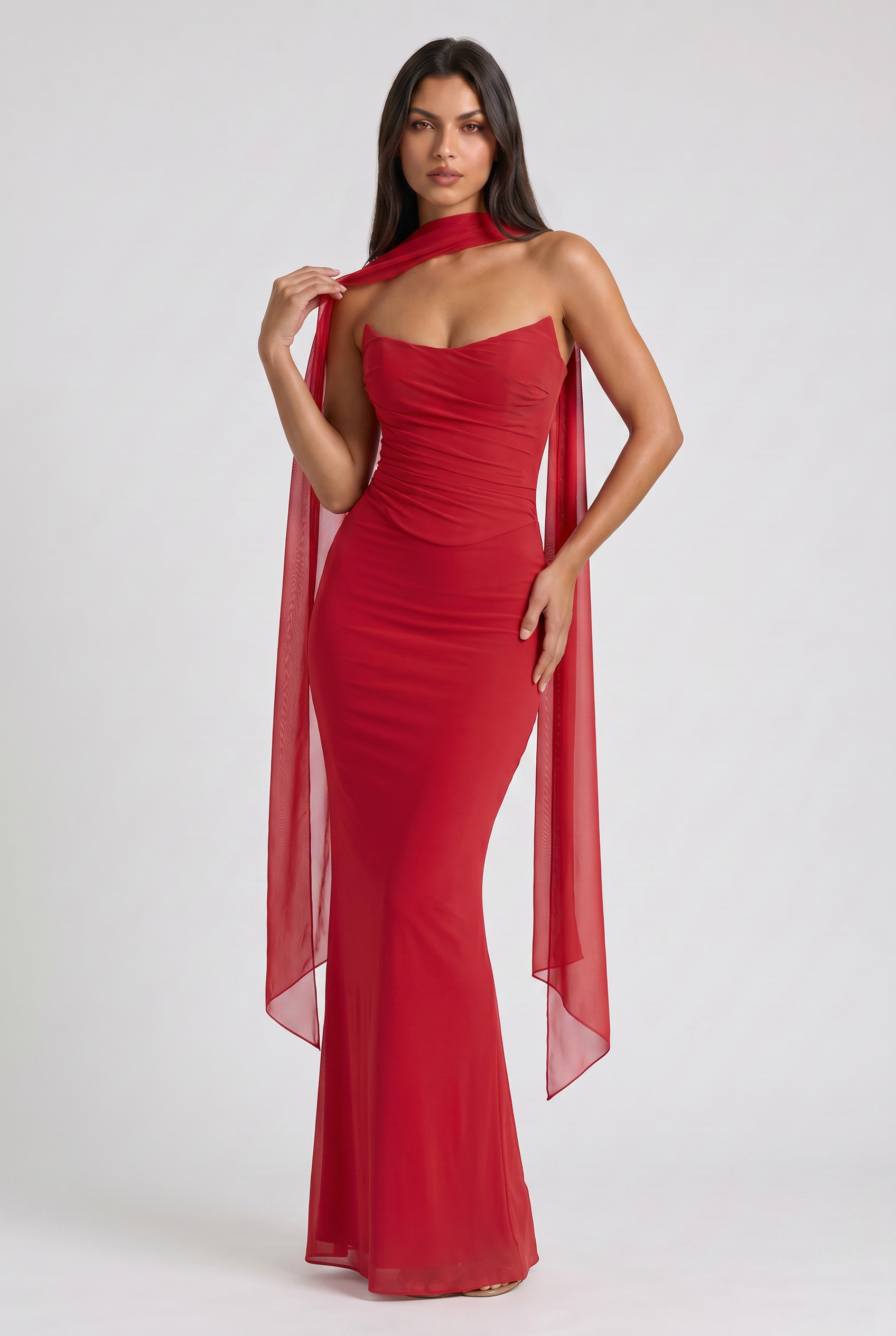 Set maxi Malu rosso rete corsetto Bella di Roma – vista frontale