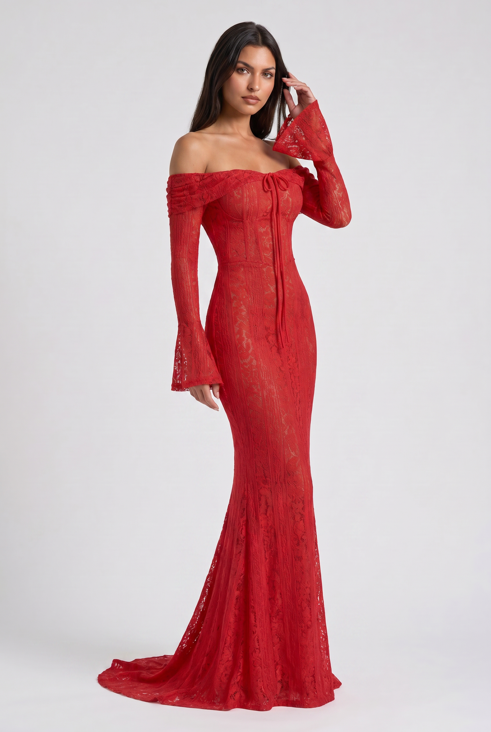 Abito maxi Alessandra rosso schiena scoperta Bella di Roma – vista frontale