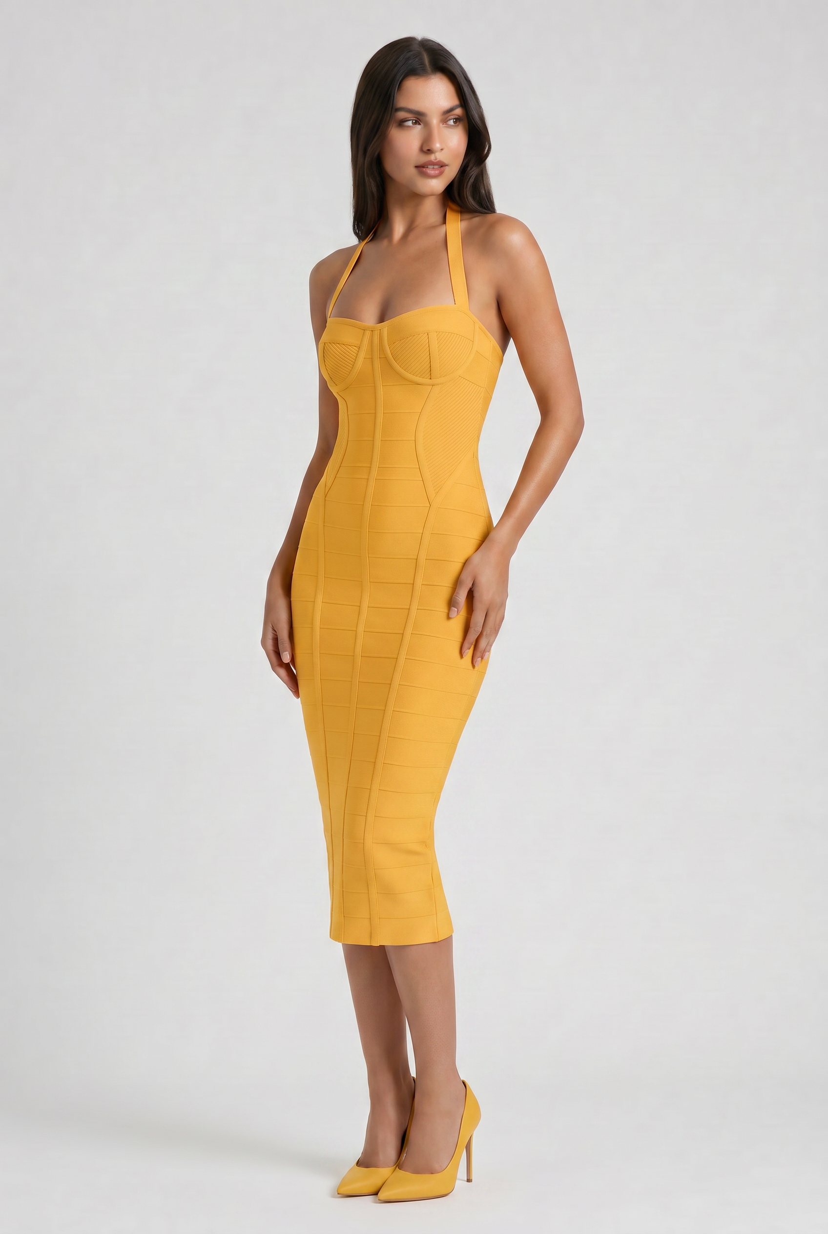Abito midi Cleopatra bandage verde oro Bella di Roma – vista frontale