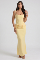 Abito maxi Éléonora satin blu baby Bella di Roma – corsetto scollo dritto