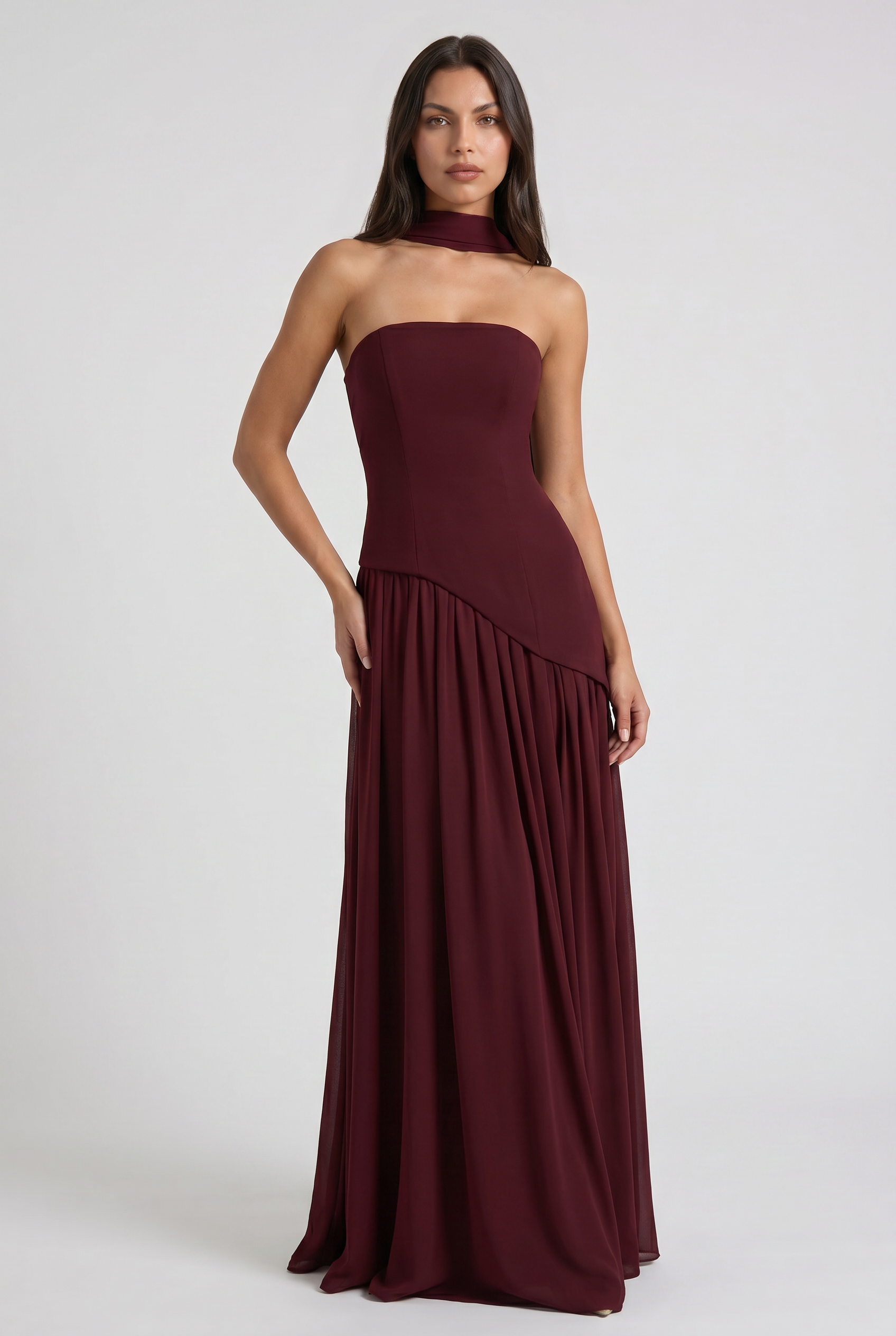 Abito maxi Celestienne chiffon bordeaux Bella di Roma – vista frontale