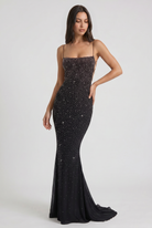 Abito maxi Lumina nero sirena strass Bella di Roma – rete nera scintillante