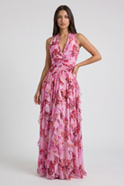 Abito maxi Belladina floreale rosa Bella di Roma – vista frontale schiena nuda