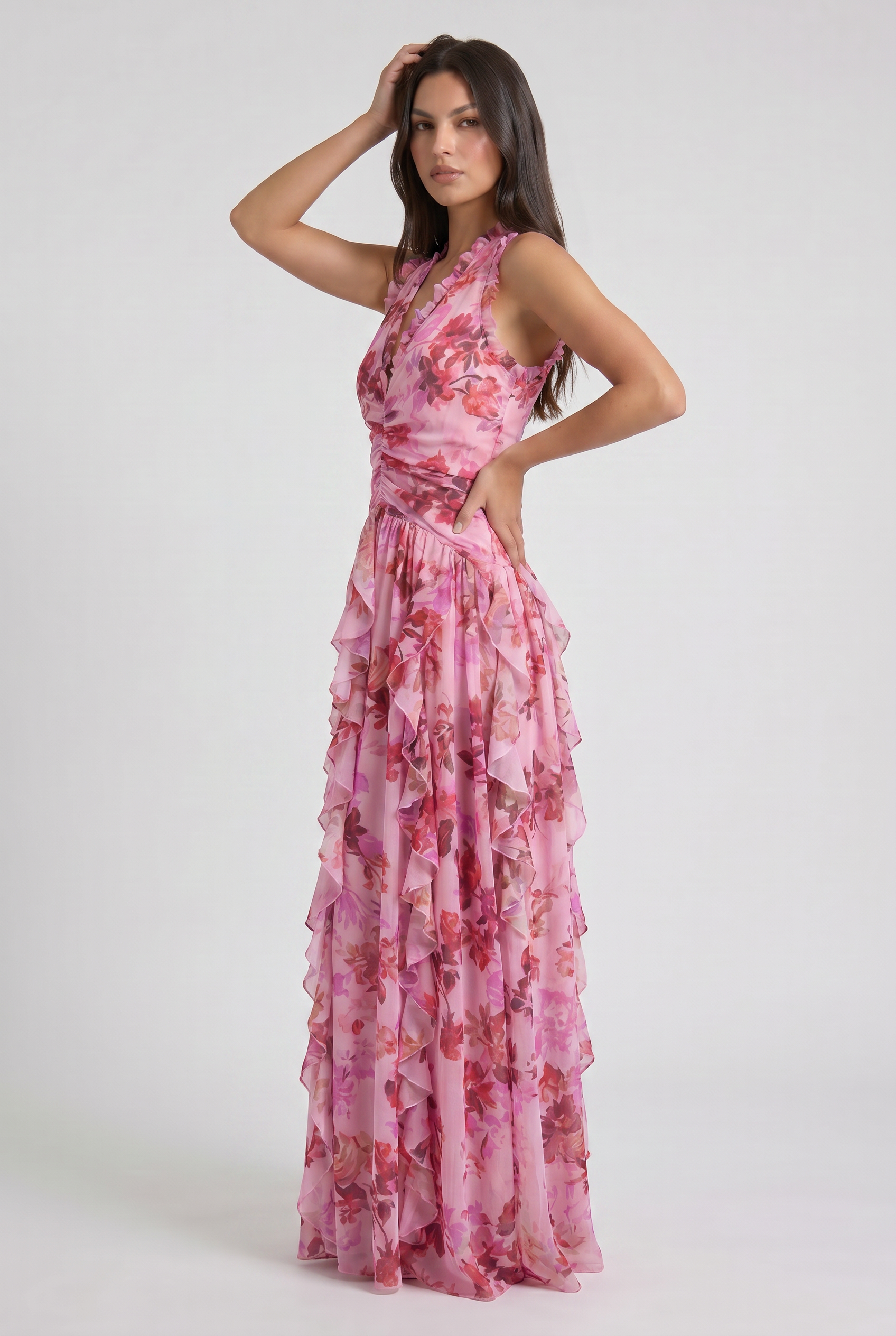 Abito maxi Belladina floreale rosa Bella di Roma – corpetto arricciato