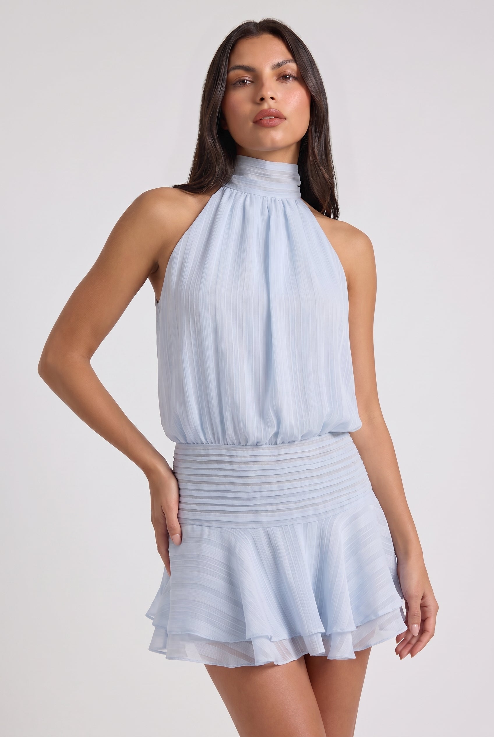 Abito Mini Chiara Blu Baby Chiffon Bella di Roma – vista frontale