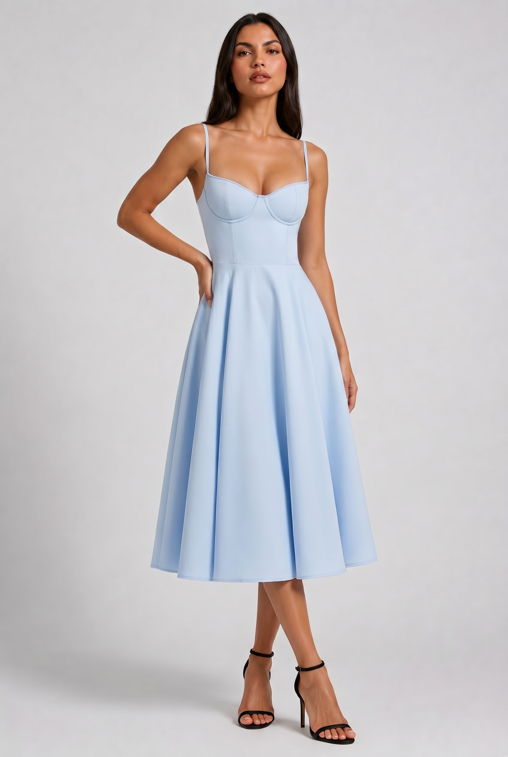 Abito Midi Selene Blu Baby Satin Bella di Roma – vista frontale