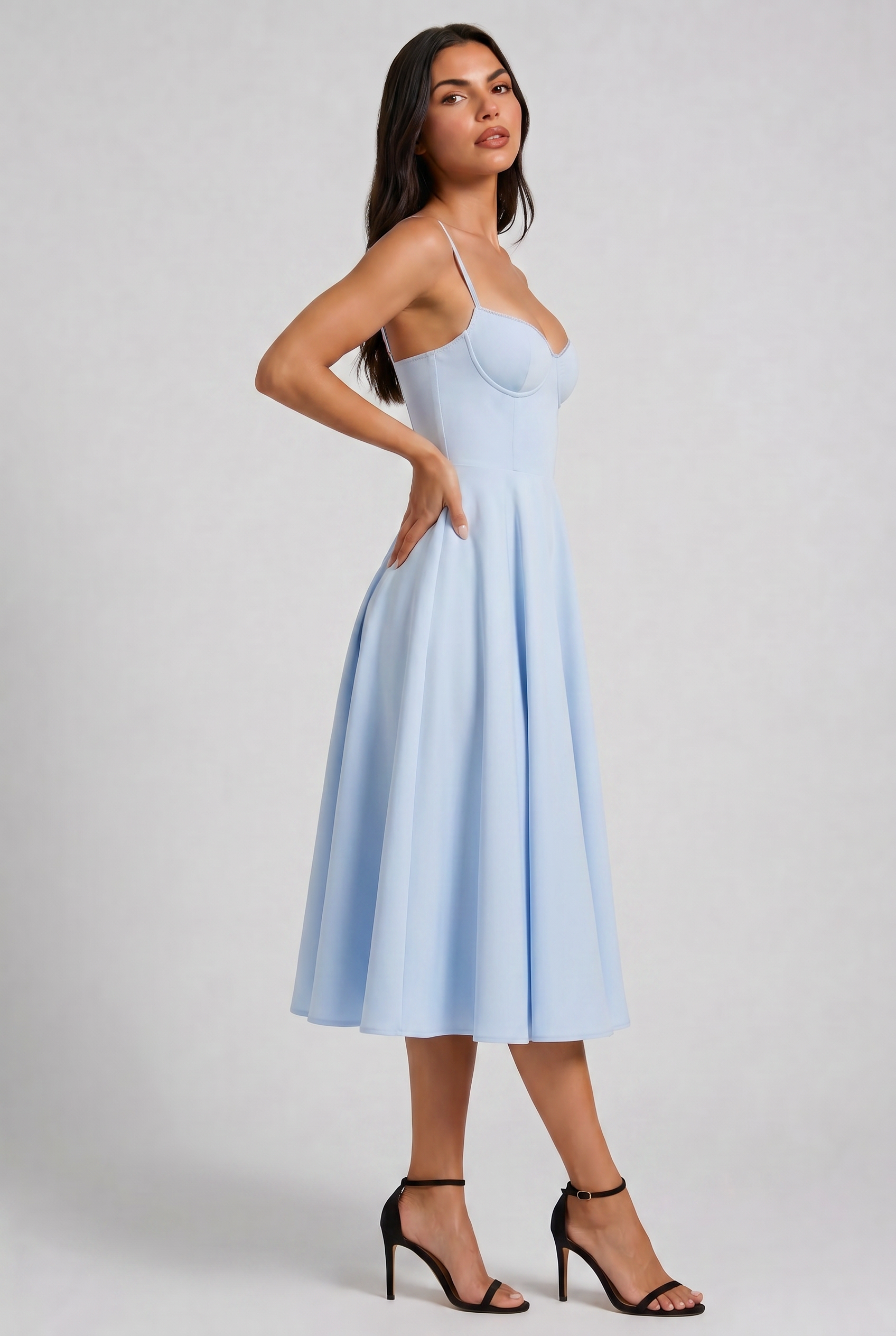 Abito Midi Selene Blu Baby Satin Bella di Roma – retro