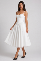 Abito Midi Selene Bianco Blu Baby Satin Bella di Roma – vista frontale