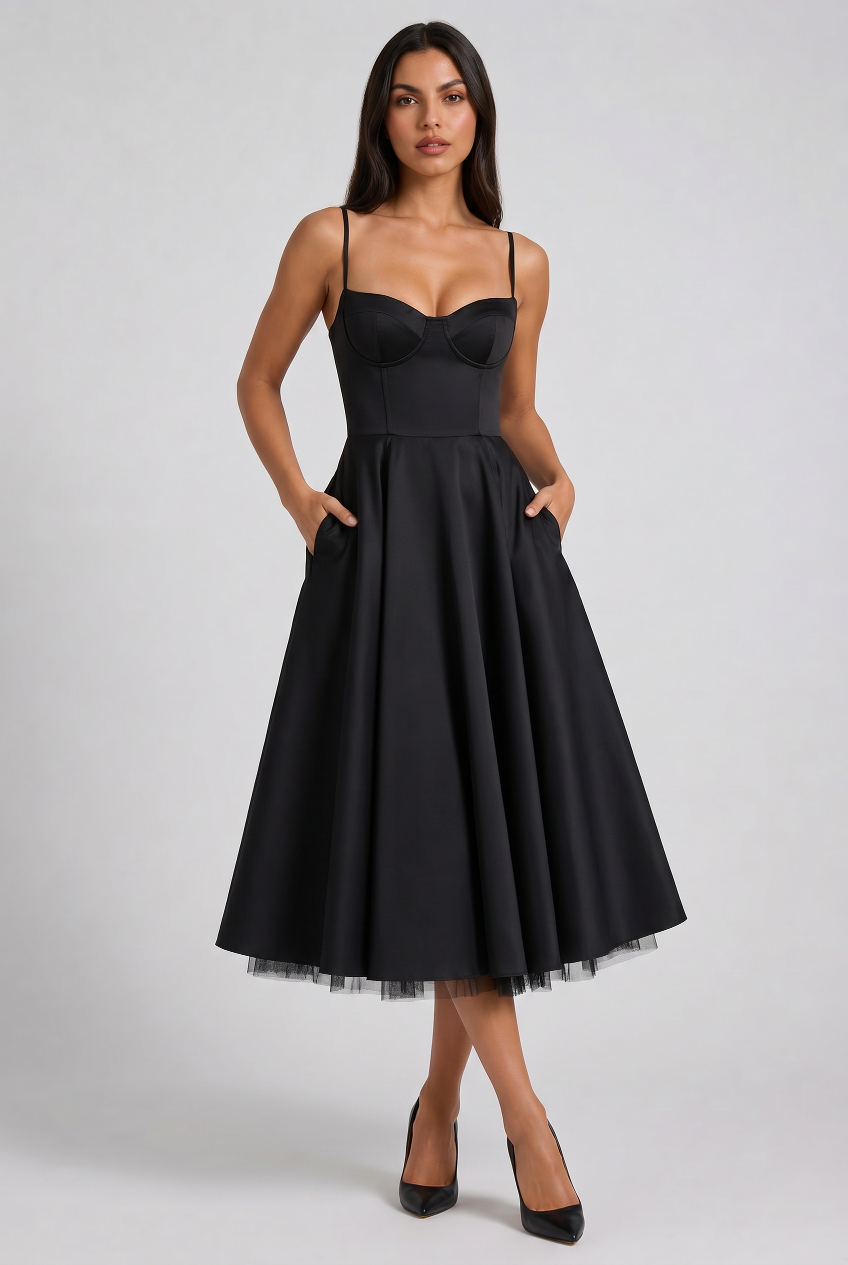 Abito Midi Selene Nero Satin Bella di Roma – vista frontale