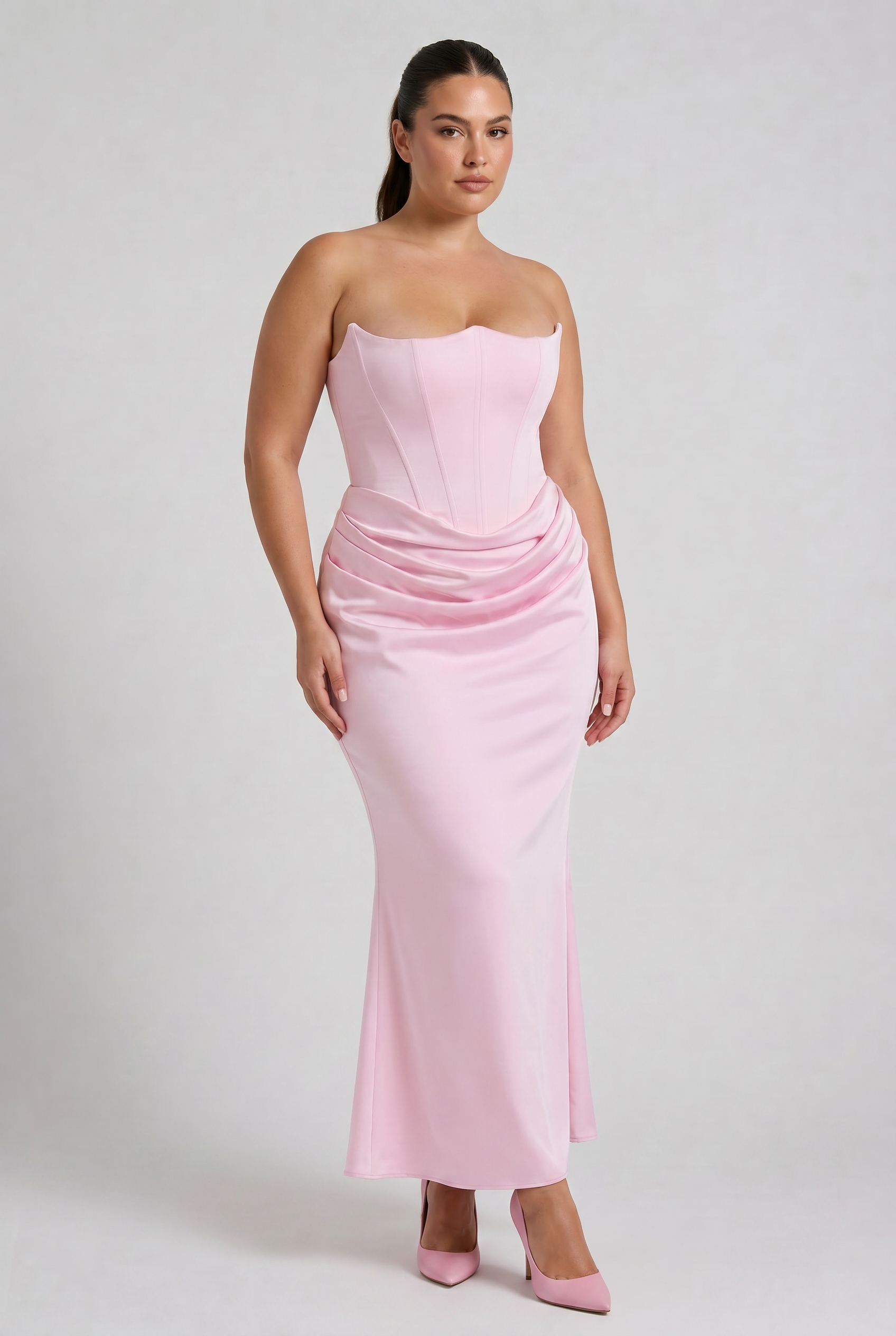 Abito maxi Tessa satin corsetto rosa Bella di Roma – look matrimonio