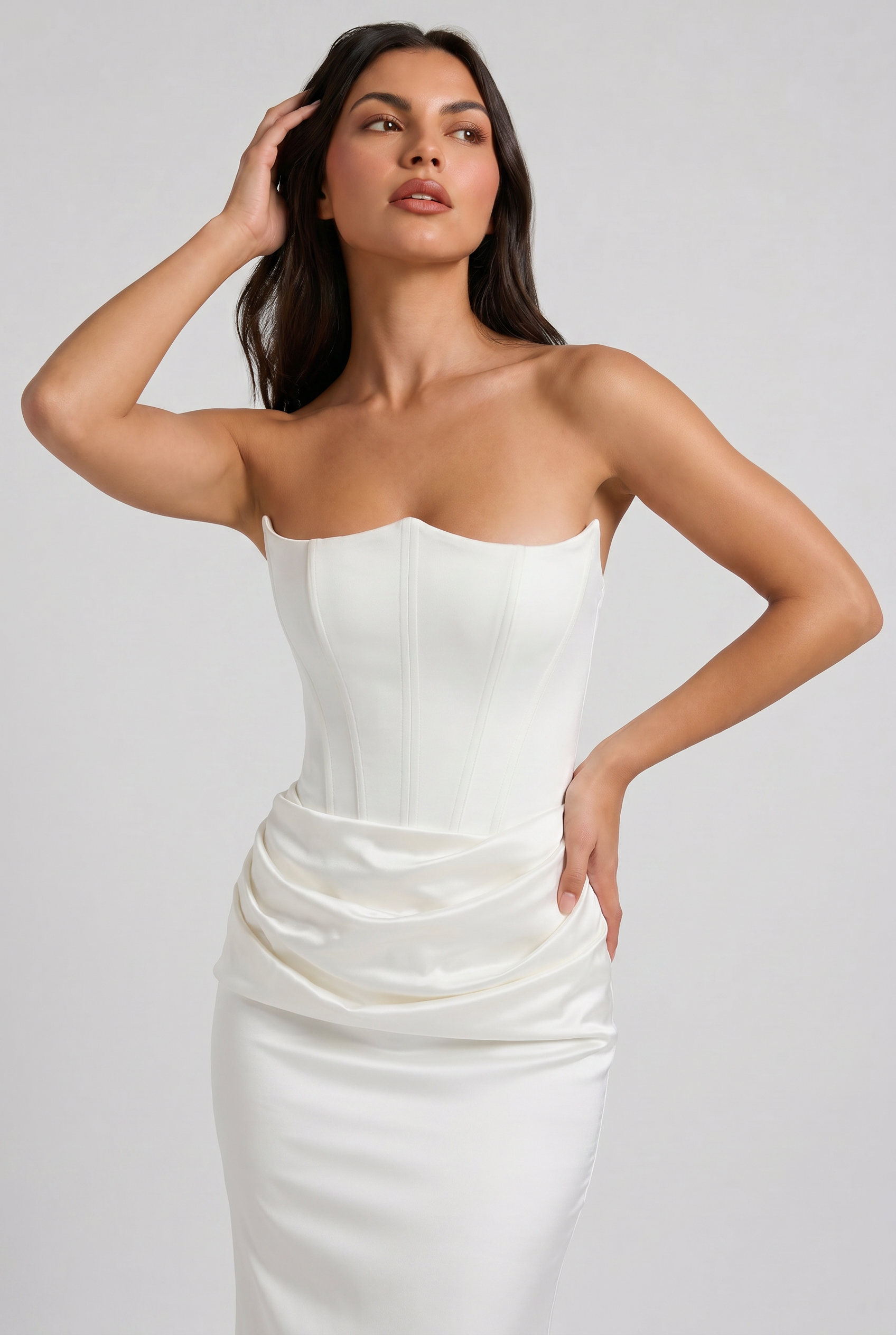 Abito maxi Tessa satin corsetto bianco Bella di Roma – senza spalline femminile