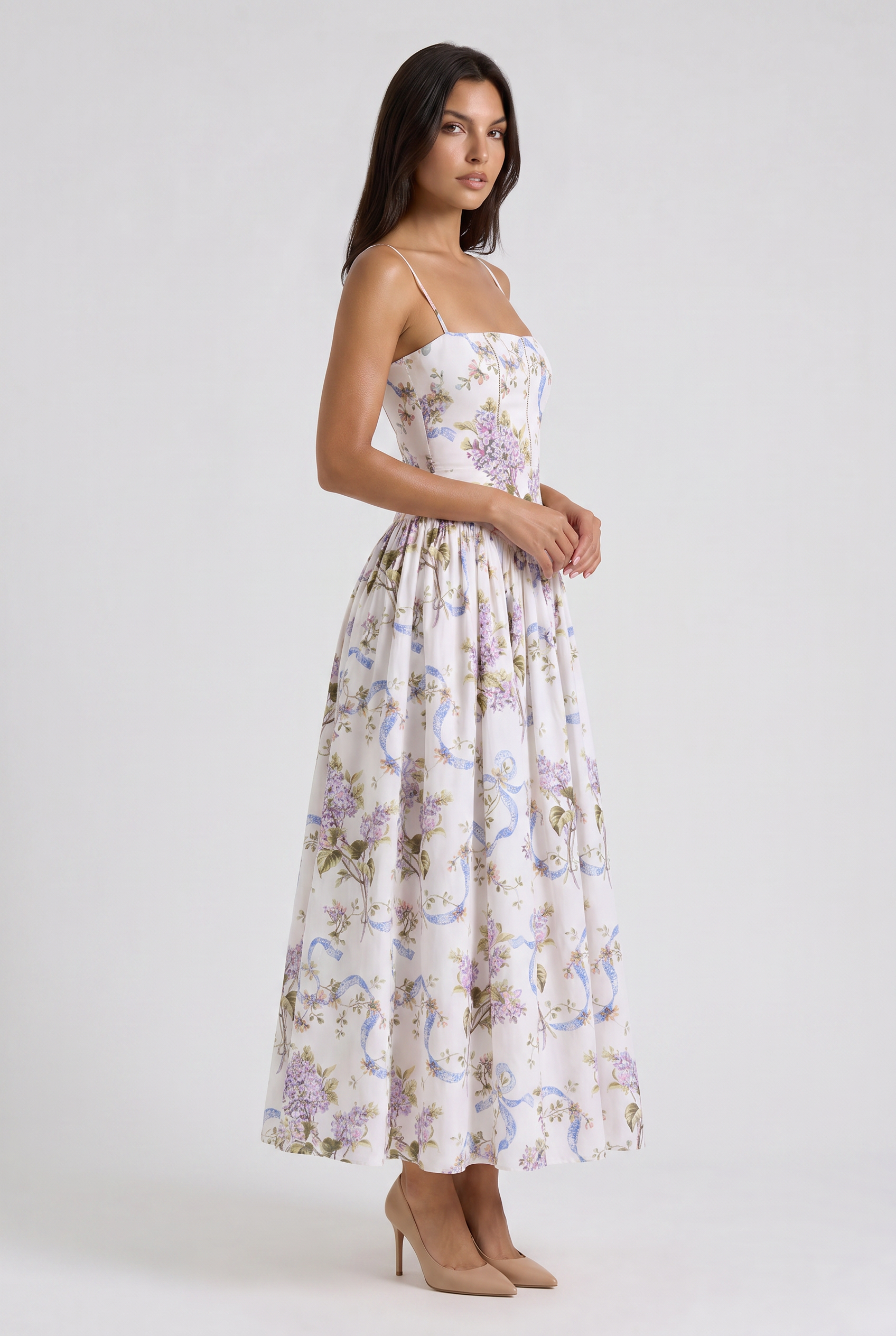 Abito maxi Imogen floreale rosa Bella di Roma – corsetto aderente