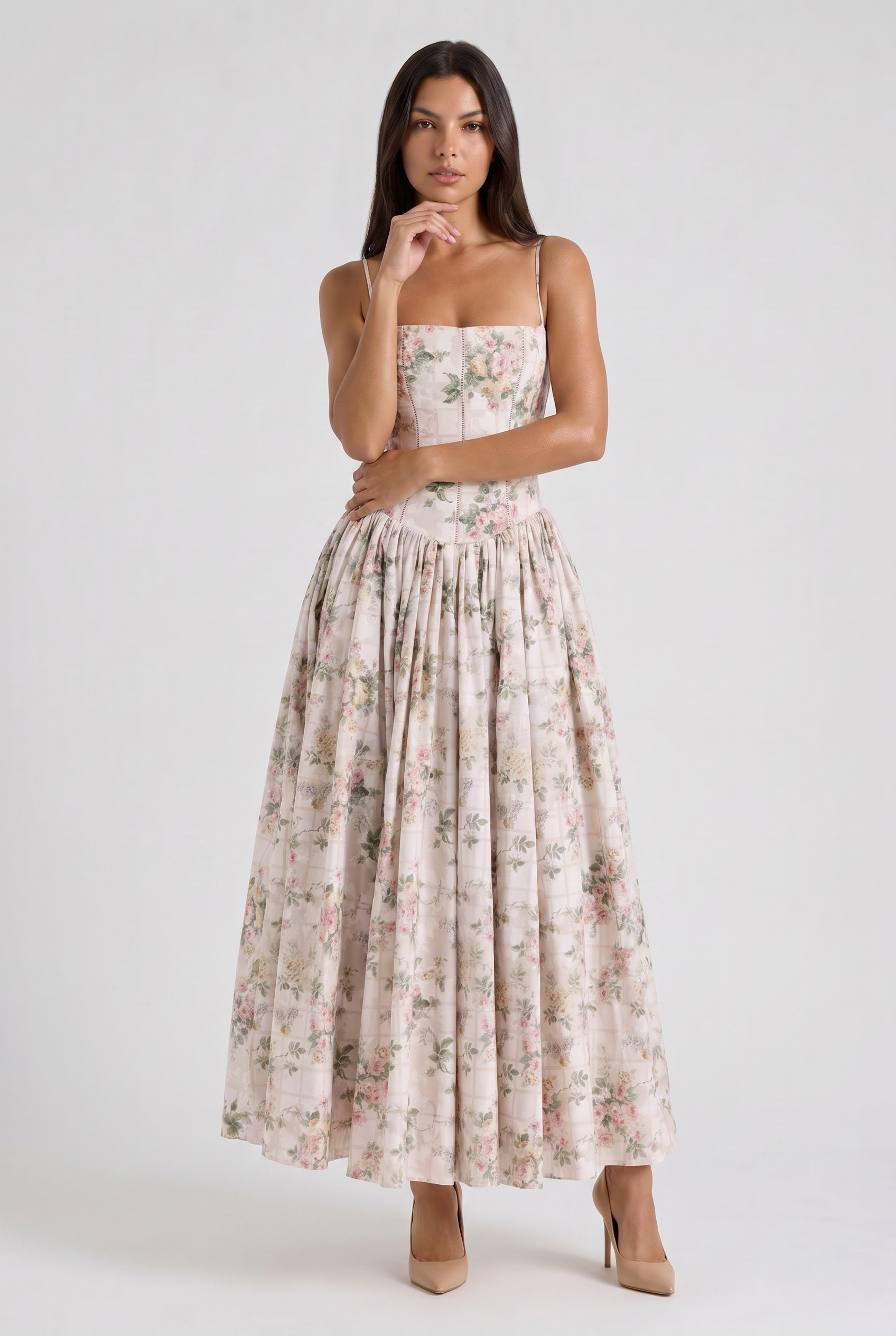 Abito maxi Imogen bianco chewing-gum Bella di Roma – silhouette romantica