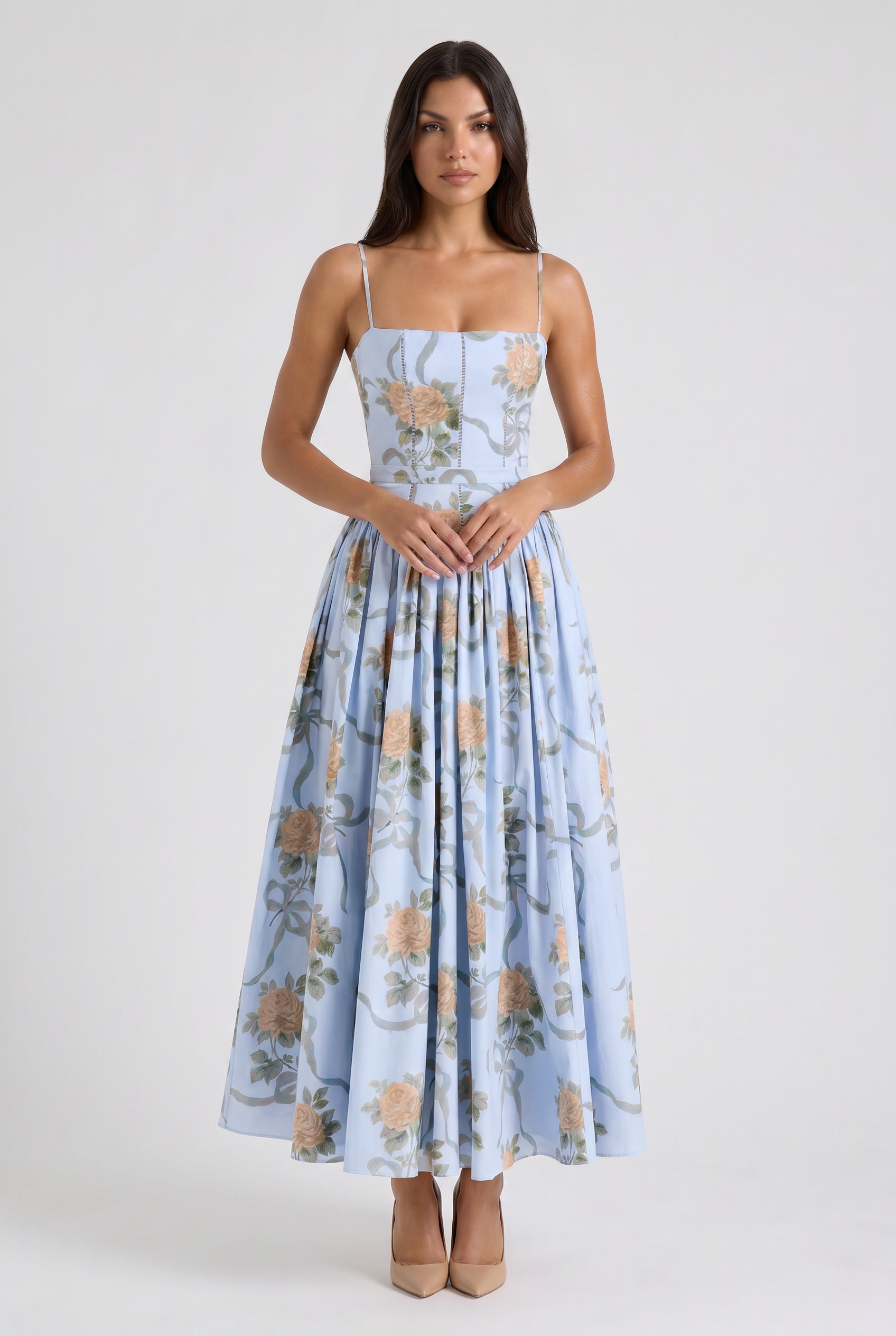 Abito maxi Imogen bianco chewing-gum Bella di Roma – gonna plissettata