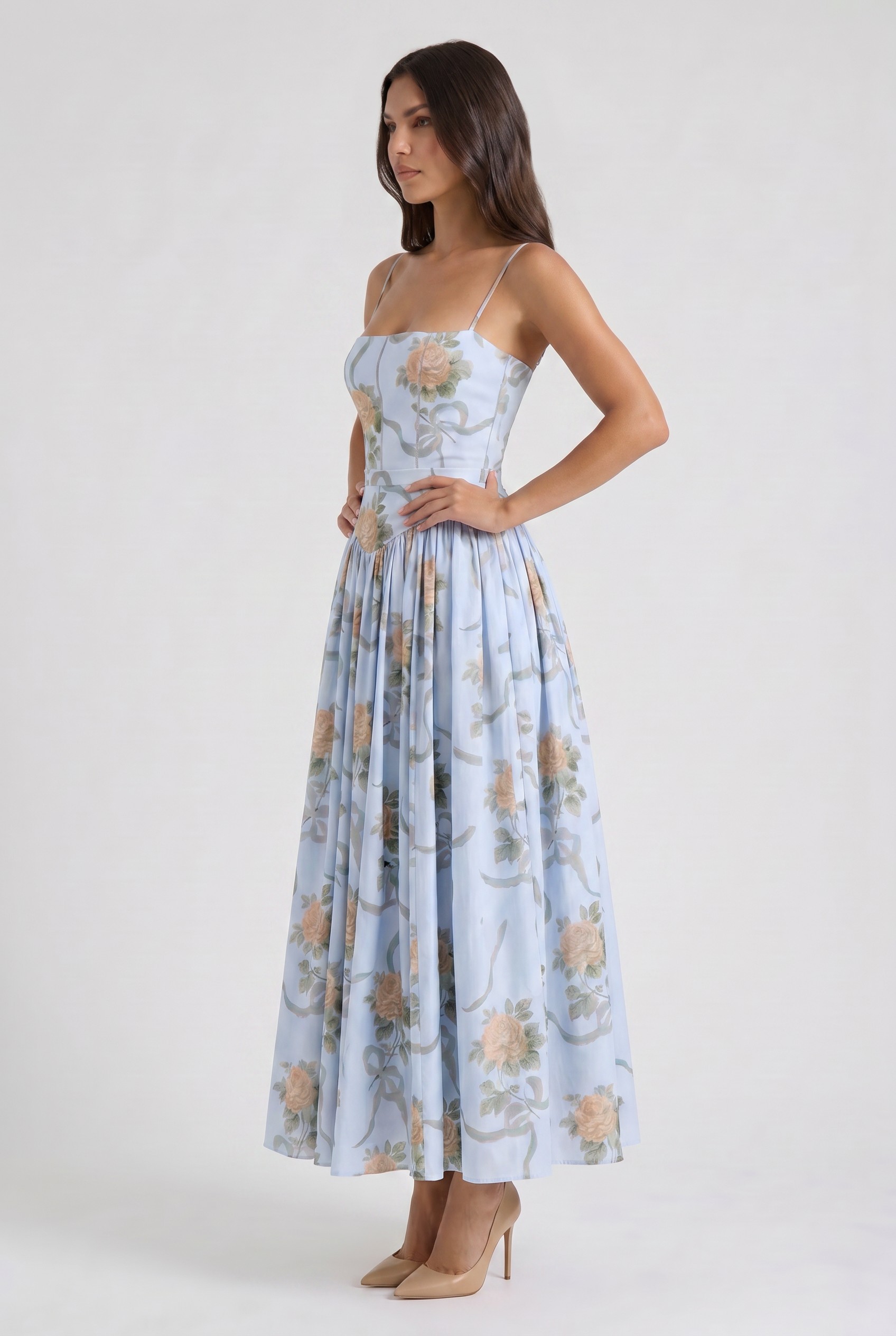 Abito maxi Imogen floreale beige Bella di Roma – corsetto aderente