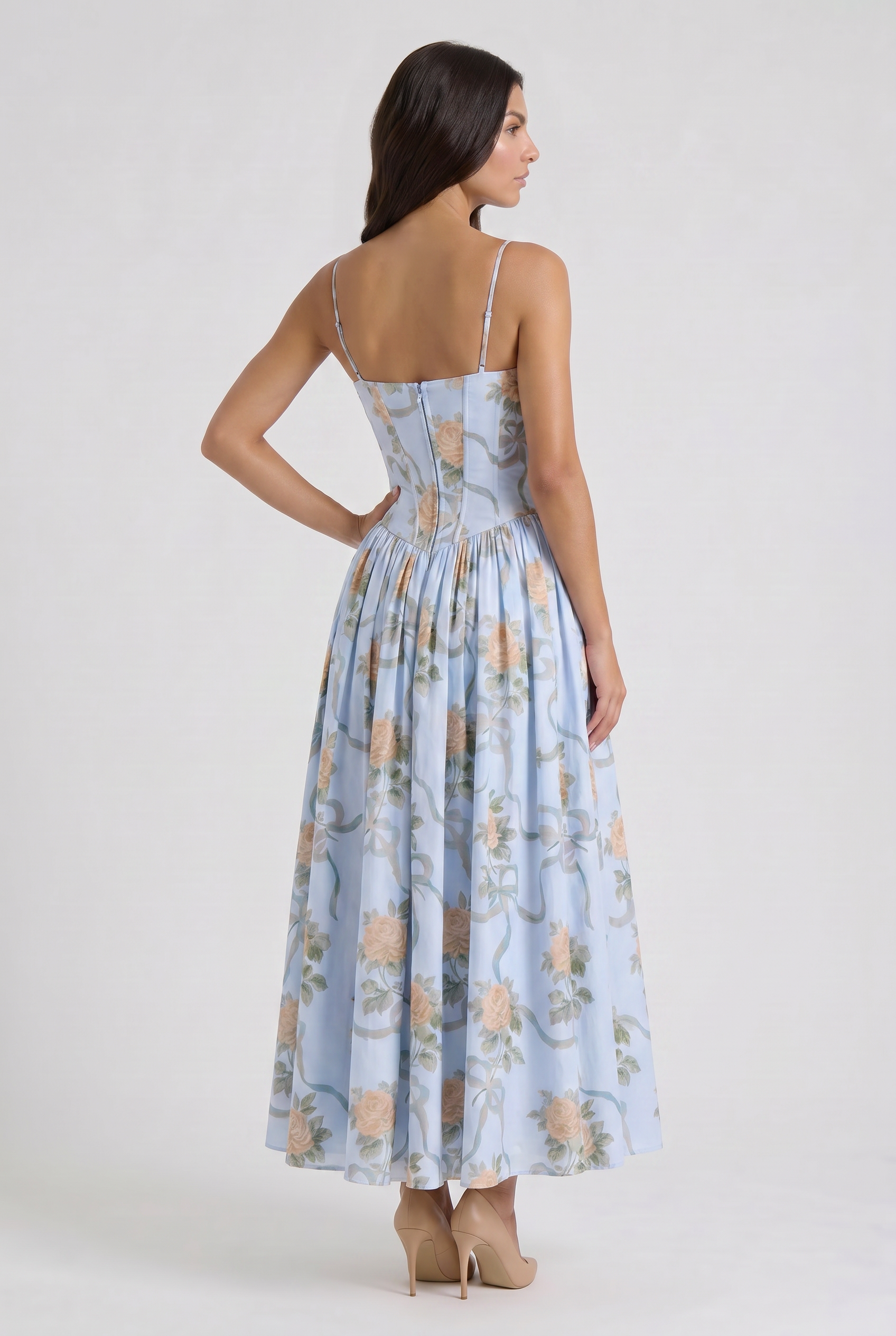 Abito maxi Imogen floreale beige Bella di Roma – gonna plissettata