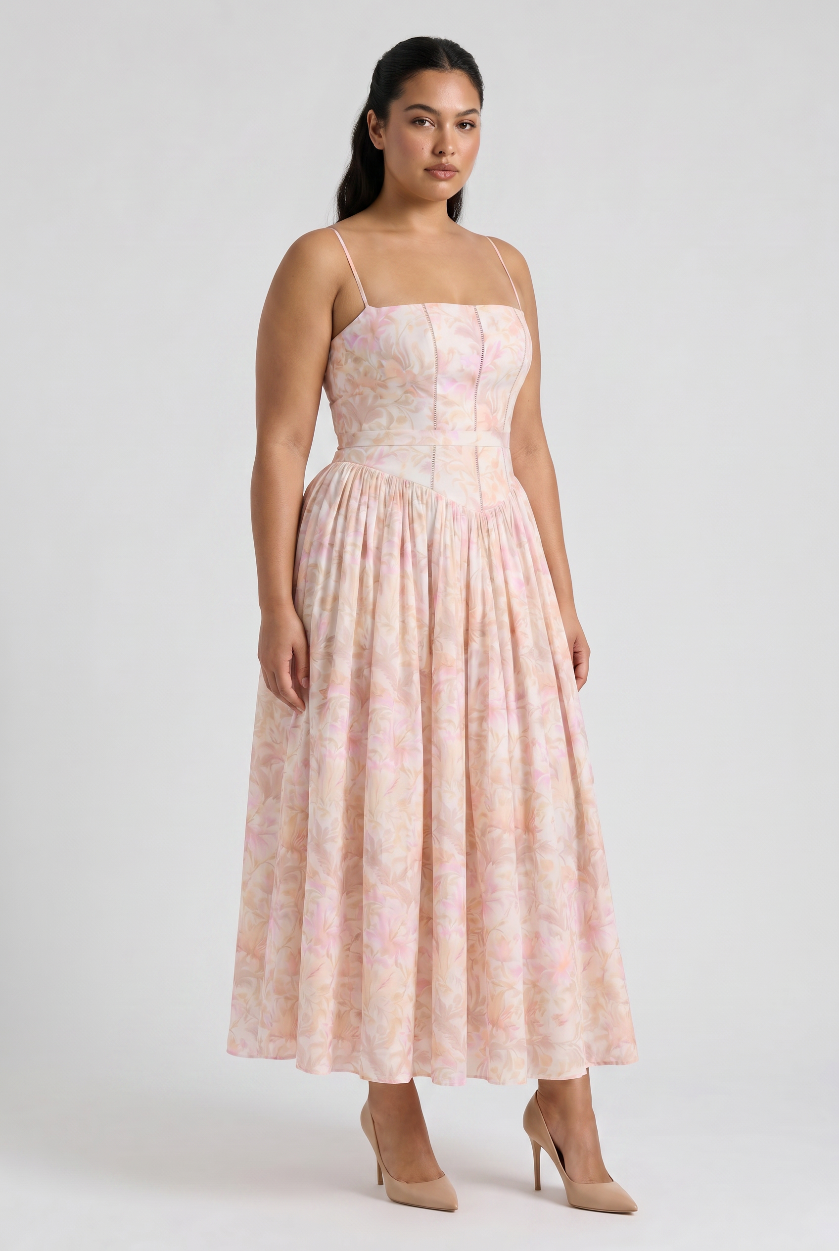 Abito maxi Imogen floreale viola Bella di Roma – corsetto scolpito