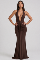 Abito maxi Ariel marrone strascico Bella di Roma – vista frontale