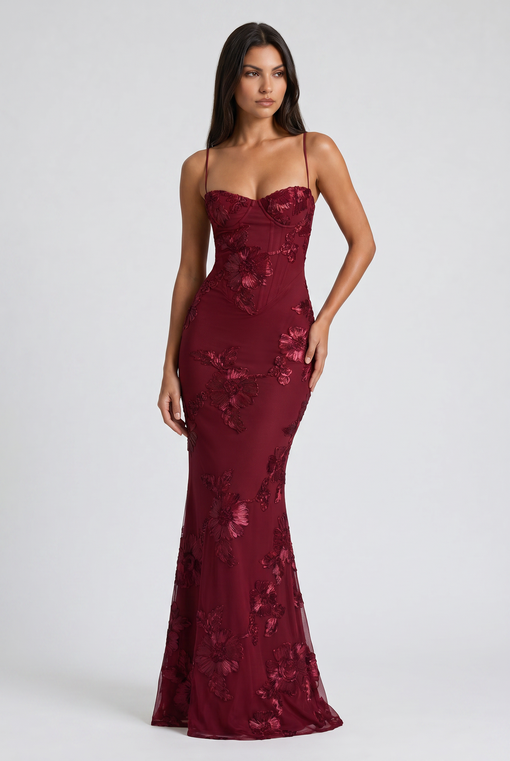 Abito maxi Mirelle floreale bordeaux Bella di Roma – vista frontale
