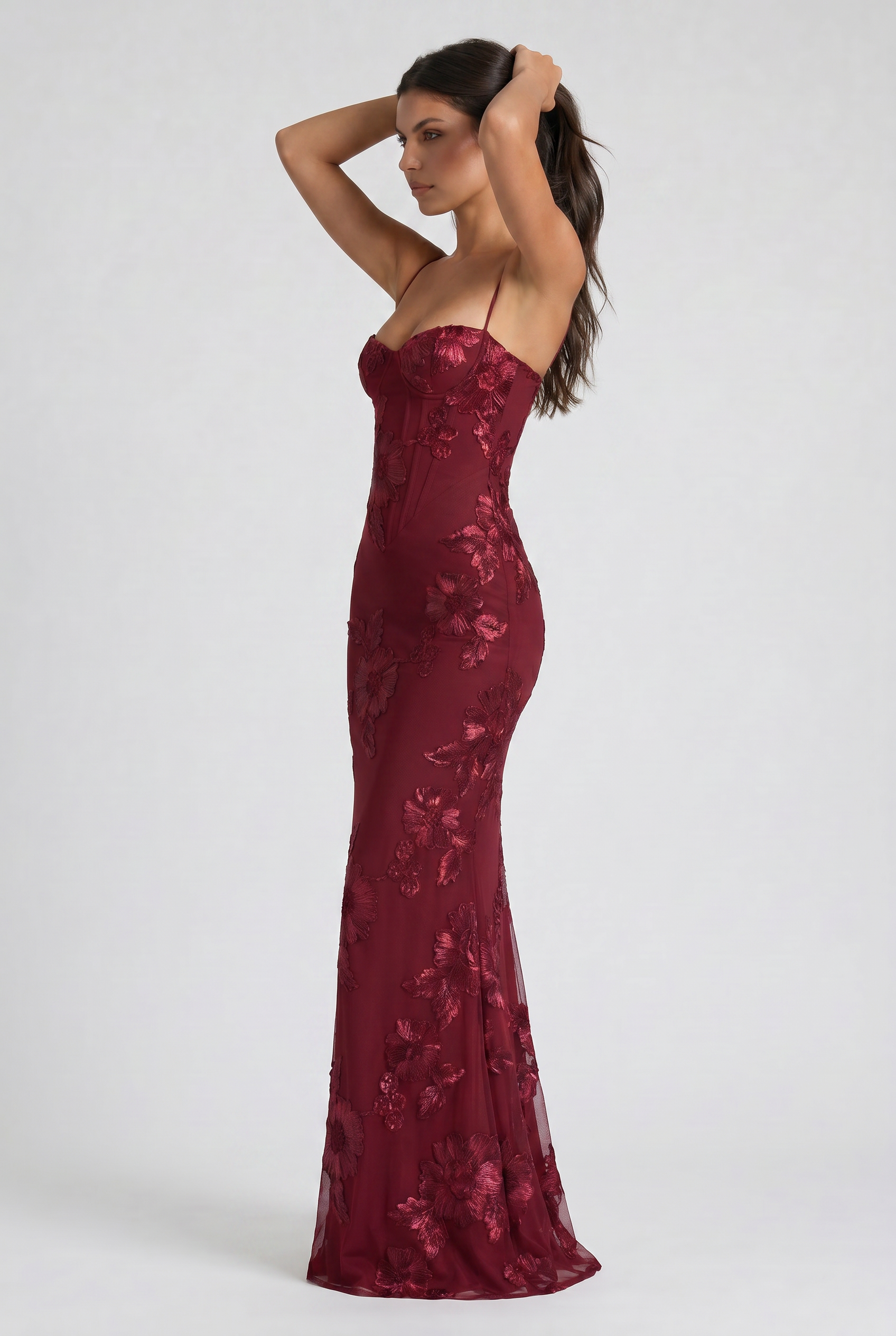 Abito maxi Mirelle floreale bordeaux Bella di Roma – schiena scoperta