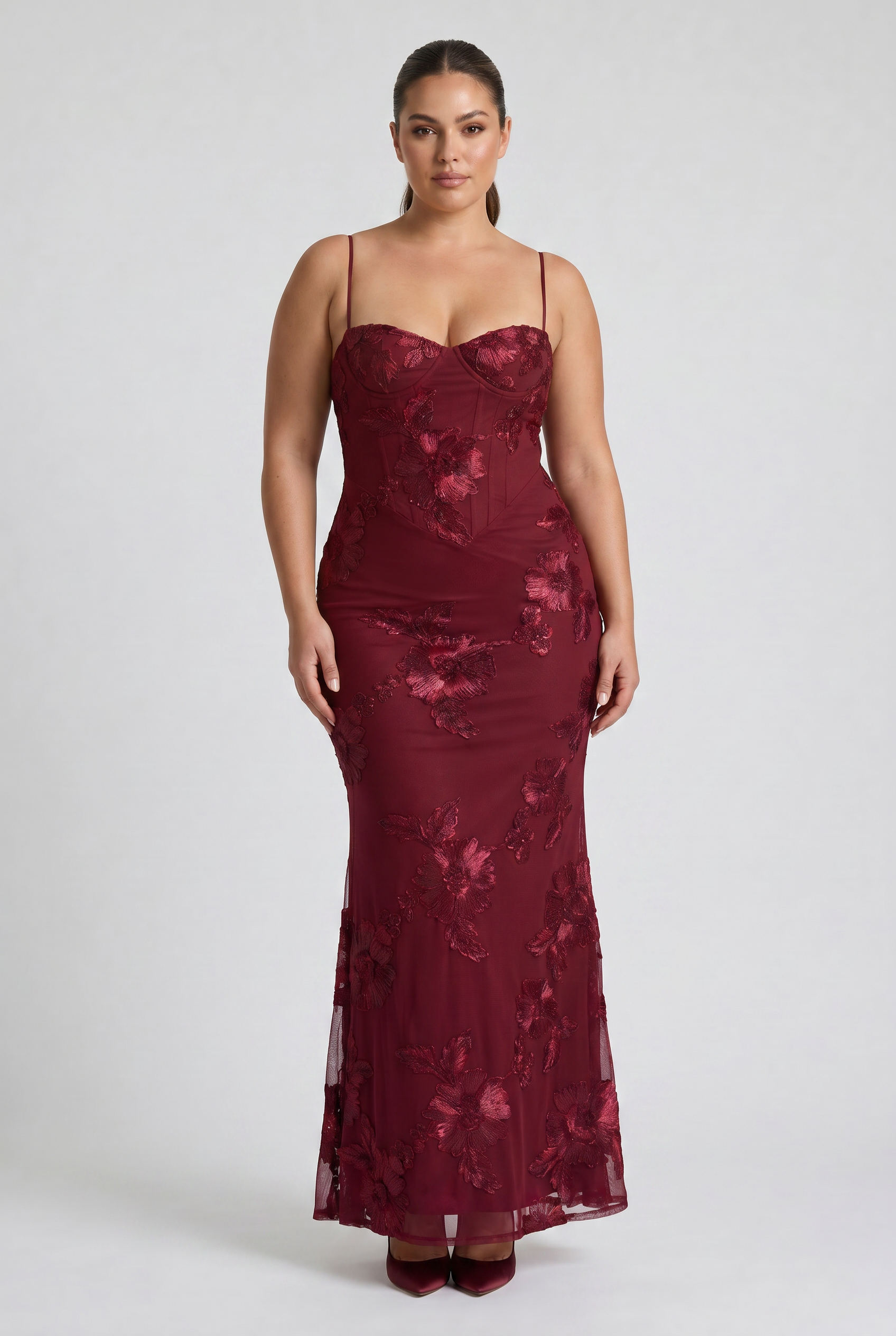 Abito maxi Mirelle floreale bordeaux Bella di Roma – spalline sottili