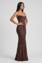 Abito maxi Mirelle floreale bordeaux Bella di Roma – drappeggio gonna