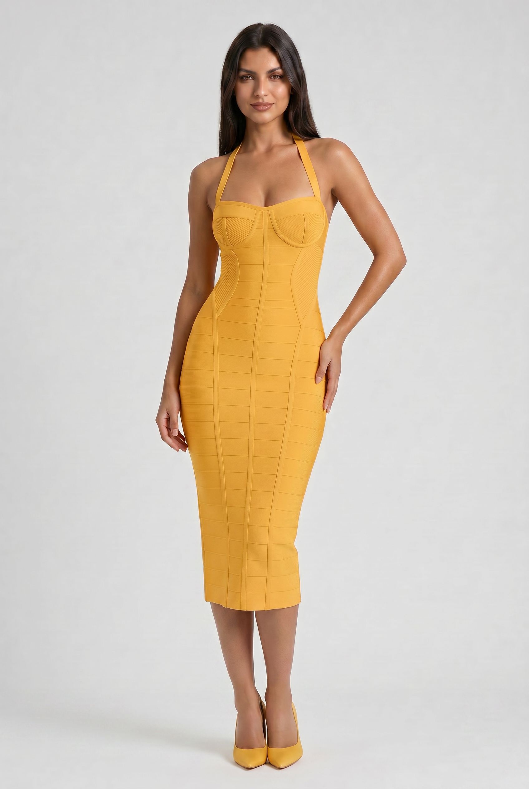 Abito midi Cleopatra bandage verde oro Bella di Roma – silhouette valorizzante