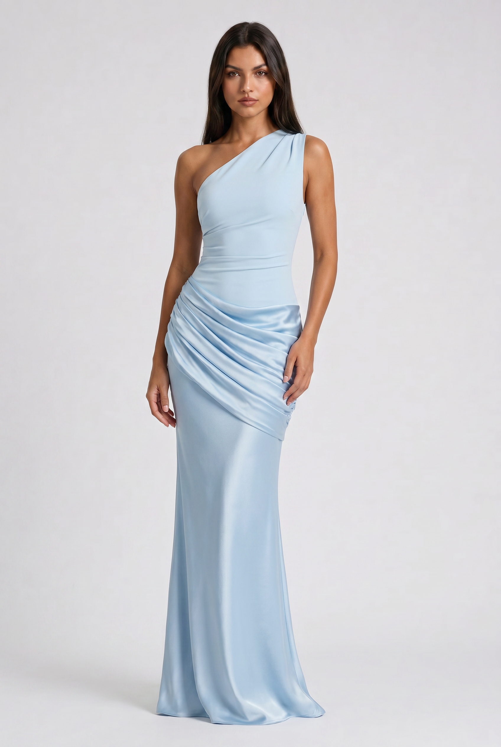 Abito maxi Abbey monospalla azzurro chiaro Bella di Roma – gonna satin