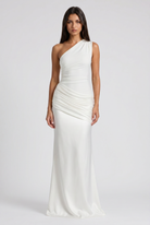 Abito maxi Abbey monospalla bianco Bella di Roma – gonna satin fluida