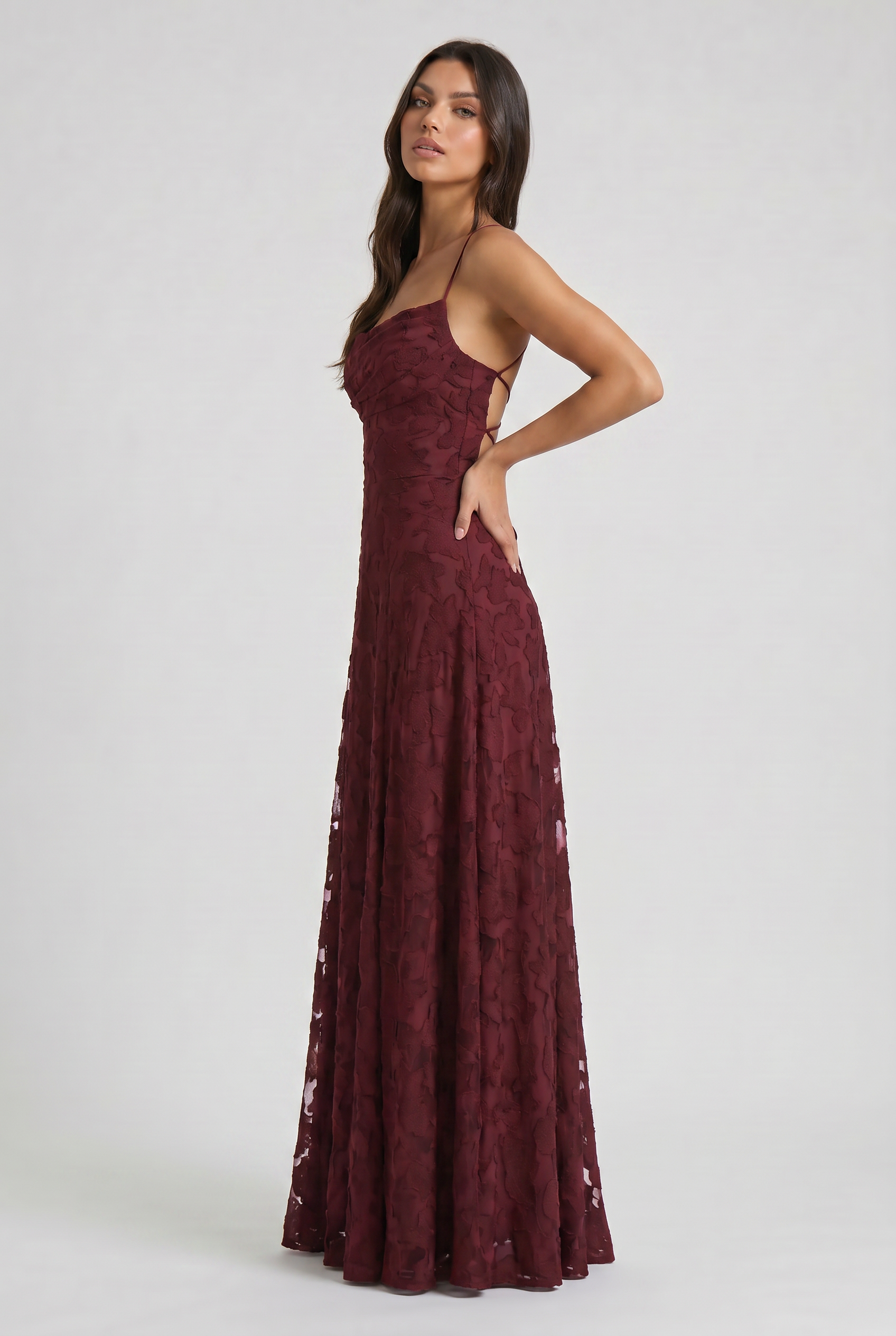 Abito maxi Louise lacca ciliegia Bella di Roma – tessuto floreale sfumato