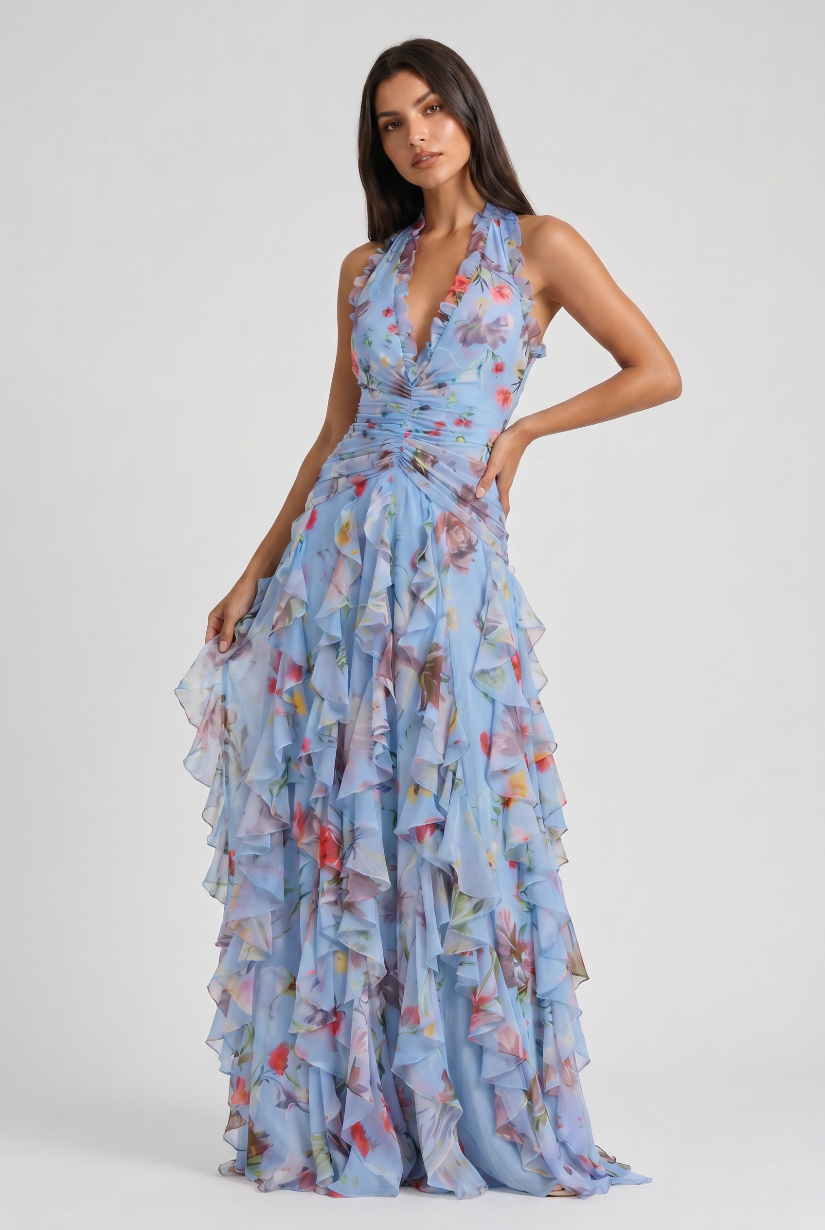 Abito maxi Belladina floreale rosa Bella di Roma – silhouette fluida