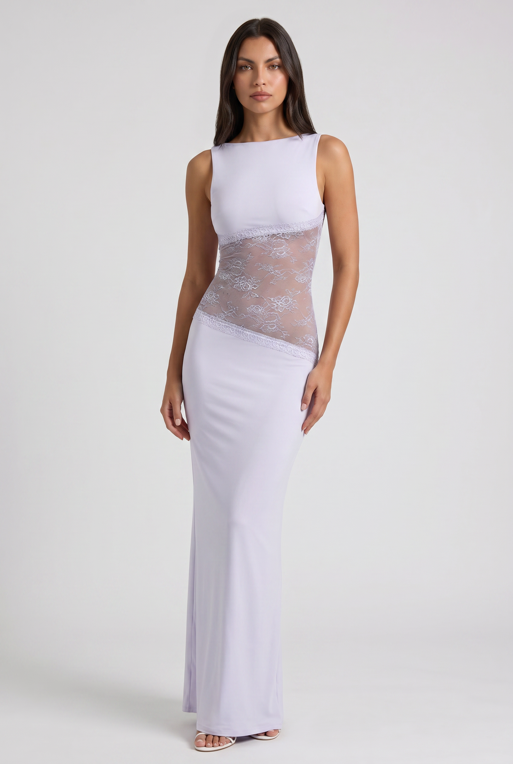 Abito maxi Noelia pizzo lilla Bella di Roma – gonna fluida romantica