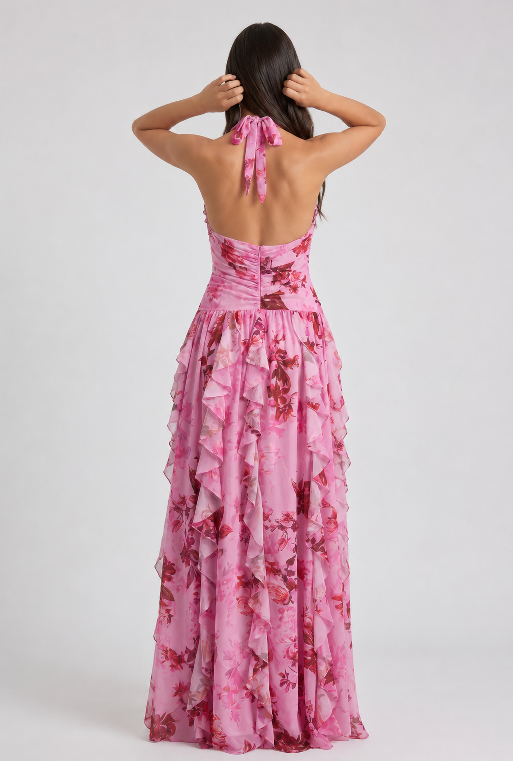 Abito maxi Belladina floreale rosa Bella di Roma – schiena a V seducente