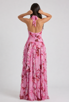 Abito maxi Belladina floreale rosa Bella di Roma – schiena a V seducente