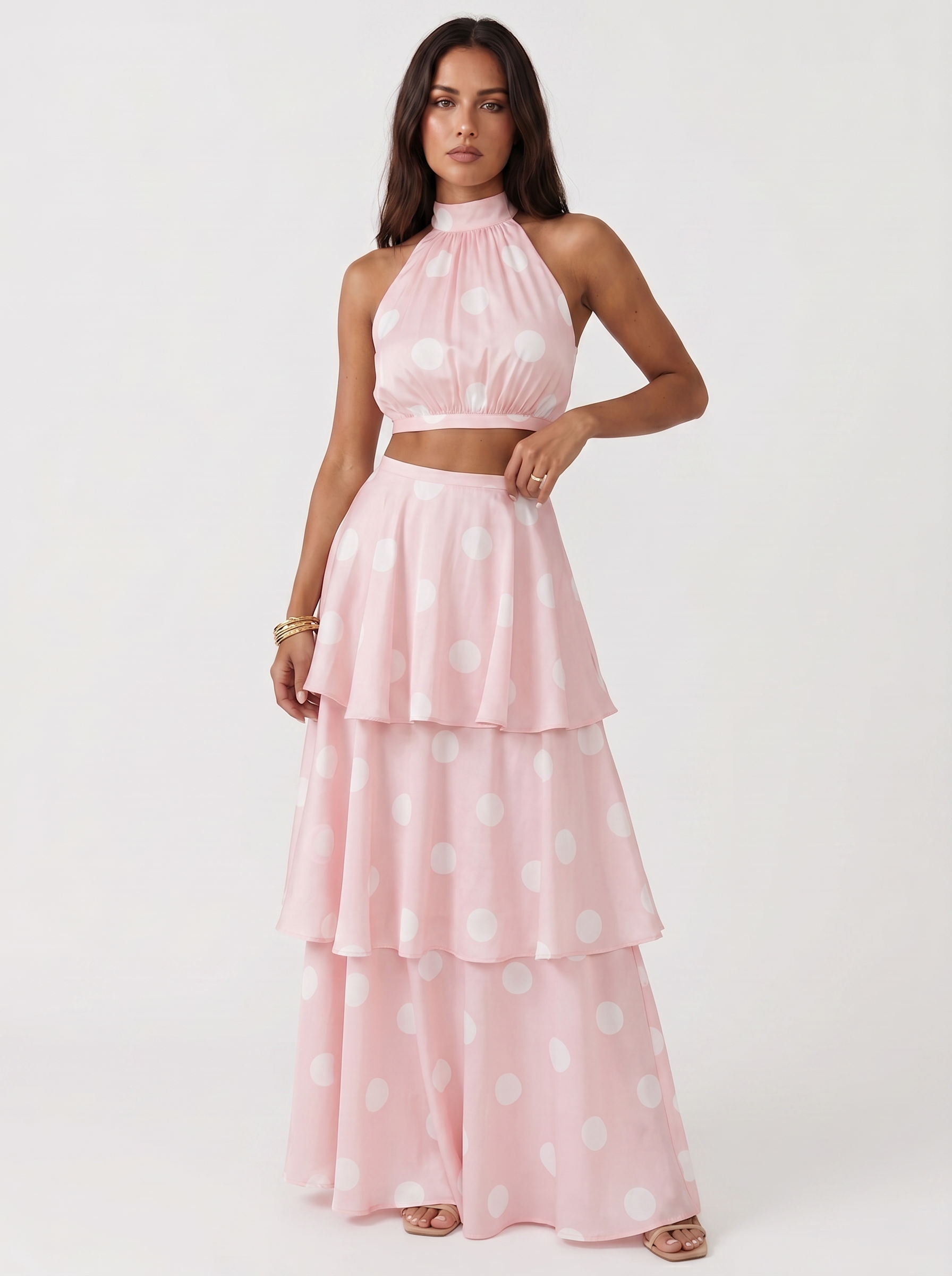 Completo due pezzi a pois Lucía rosa con pois bianchi | Bella di Roma