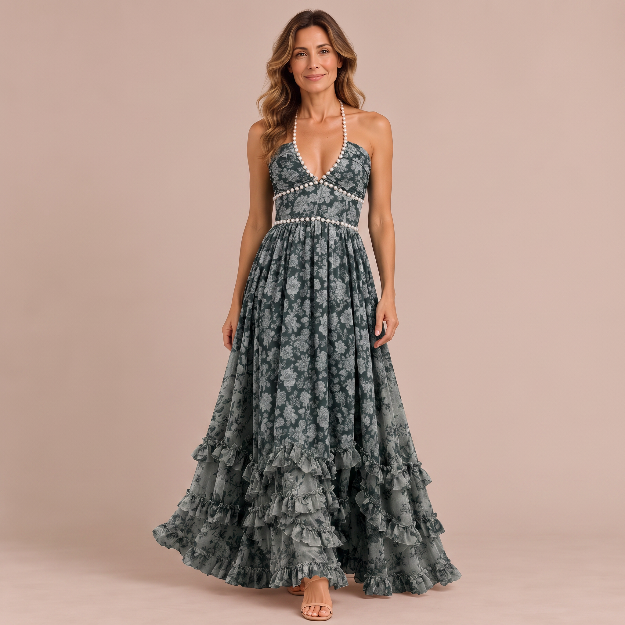 Elena – Vestito Maxi Floreale con Spallina e Perle – Verde Salvia Floreale | Bella di Roma