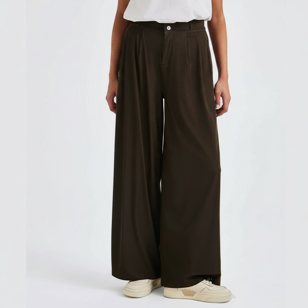 Pantaloni palazzo a vita alta color marrone con gamba larga