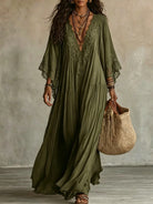 Abito maxi boho con maniche larghe e ricami - colore verde oliva | Bella di Roma