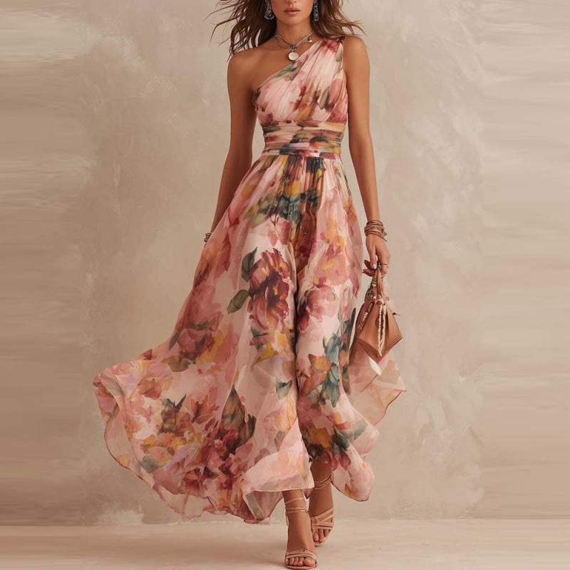 Vestito maxi floreale monospalla Aurora in Rosa Cipria con fiori rosa e bordeaux - Bella di Roma