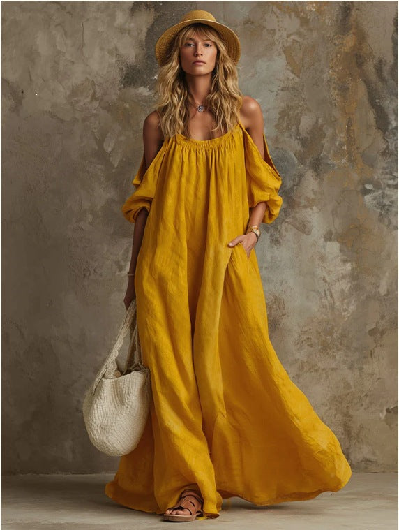 Abito Maxi Boho Off-Shoulder Maniche Palloncino Giallo Senape | Bella di Roma