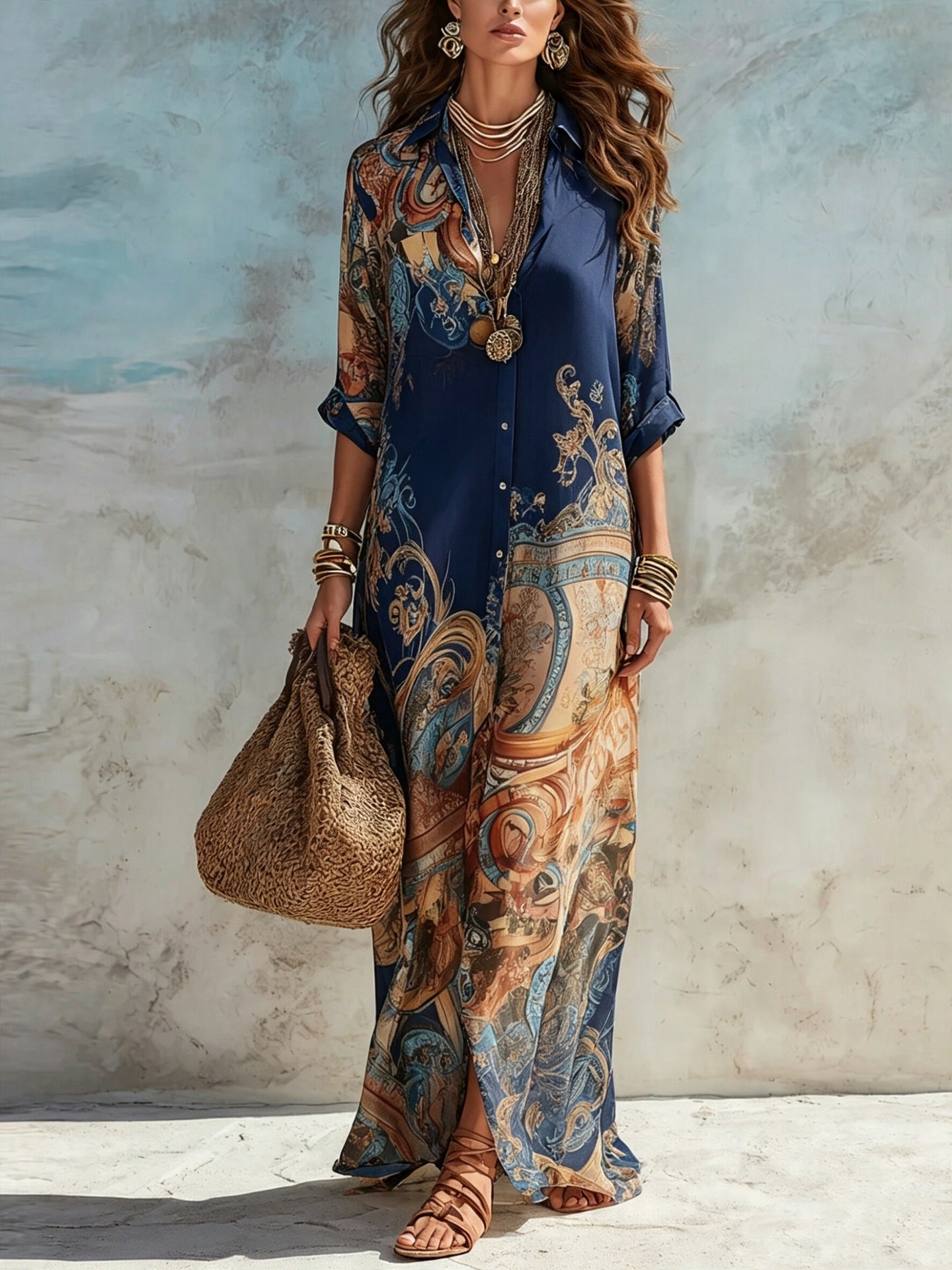Vestito maxi con stampa paisley blu, scollo a V e manica lunga