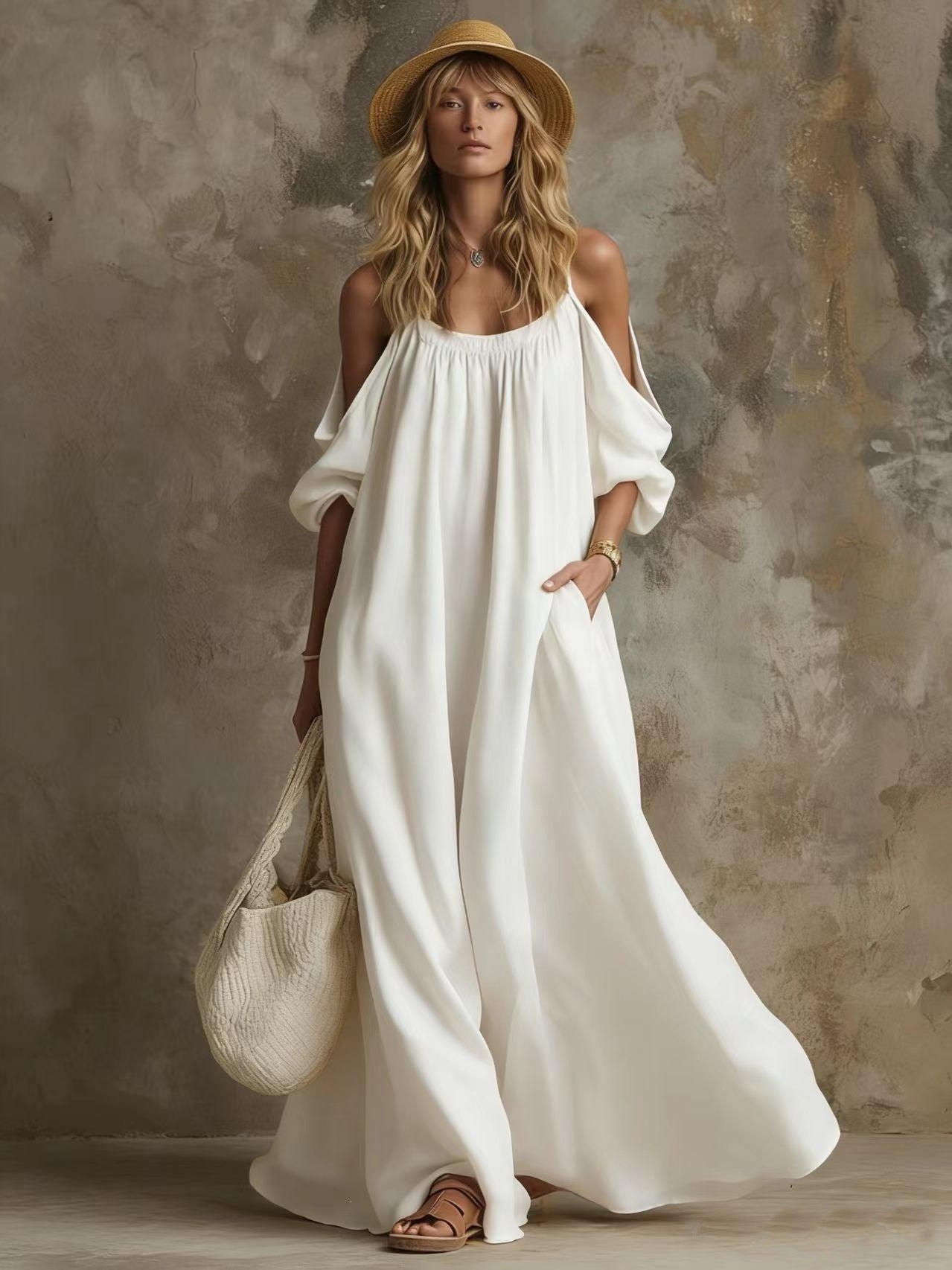 Abito Maxi Boho Off-Shoulder Maniche Palloncino Bianco | Bella di Roma