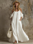 Abito Maxi Boho Off-Shoulder Maniche Palloncino Bianco | Bella di Roma