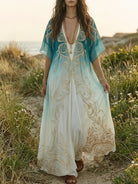 Abito maxi boho azzurro ombré all'aperto, look estivo bohémien - Bella di Roma