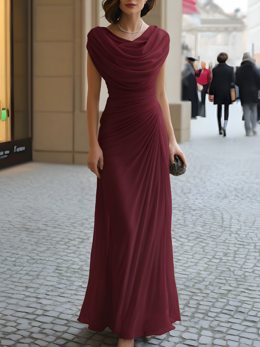 Abito Maxi Scollo Drappeggiato Bordeaux | Bella di Roma