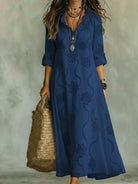 Abito maxi in lino blu navy con scollo a V e maniche lunghe - Bella di Roma