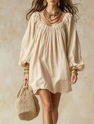 Abito mini oversize scollo arricciato maniche palloncino - Crema | Bella di Roma